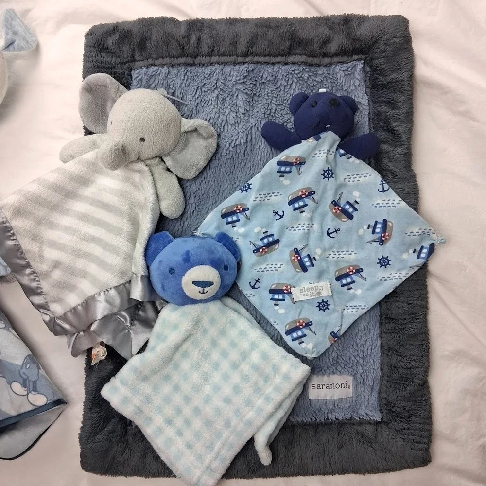 8pc Baby Boy Security Blanket Lot Lovey Bear Mickey Blue Soother Elephant